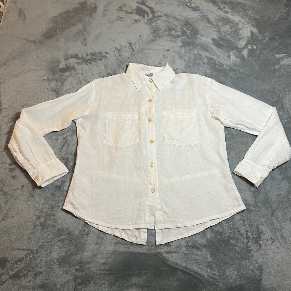 Just Jill 100% Linen Button Up Shirt Size S Roll Tab Sleeve Coastal Beach Casual